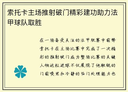 索托卡主场推射破门精彩建功助力法甲球队取胜