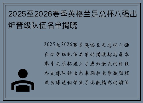 2025至2026赛季英格兰足总杯八强出炉晋级队伍名单揭晓
